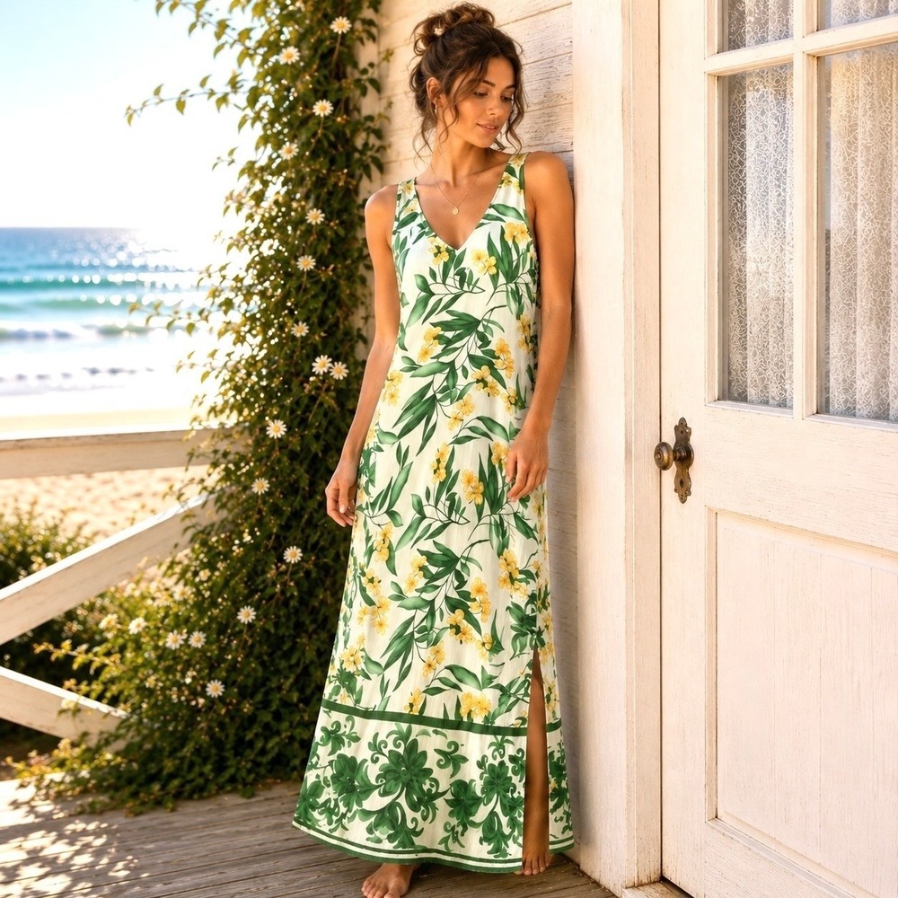 Anthropologie Fig&Flower Large Maxi Dress Coastal Cottagecore Tropical Boho Chic